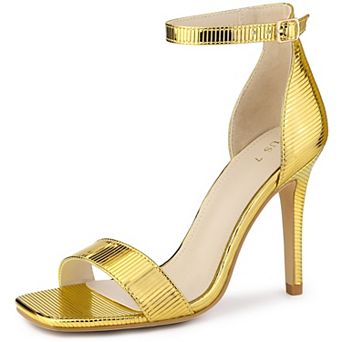 Women's Square Toe Metallic Buckle Ankle Strap Stiletto Heel Sandals