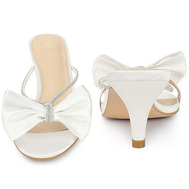 Rhinestone Strap Bow Kitten Heels Slide Sandals for Women
