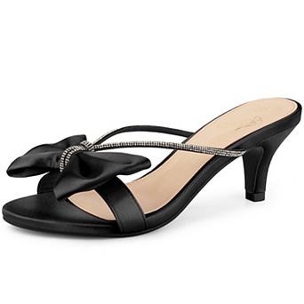 Rhinestone Strap Bow Kitten Heels Slide Sandals for Women