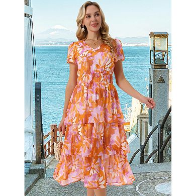 Women's Floral Dress V Neck Short Sleeve Ruffle Tiered Layered Swing Summer Midi Dresses