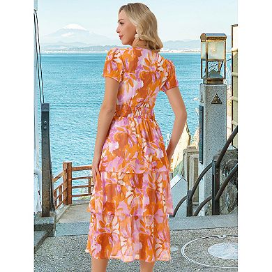 Women's Floral Dress V Neck Short Sleeve Ruffle Tiered Layered Swing Summer Midi Dresses