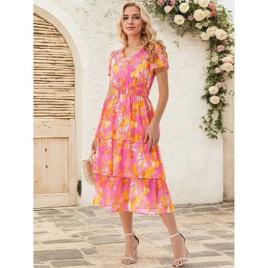 Women's Floral Dress V Neck Short Sleeve Ruffle Tiered Layered Swing Summer Midi Dresses