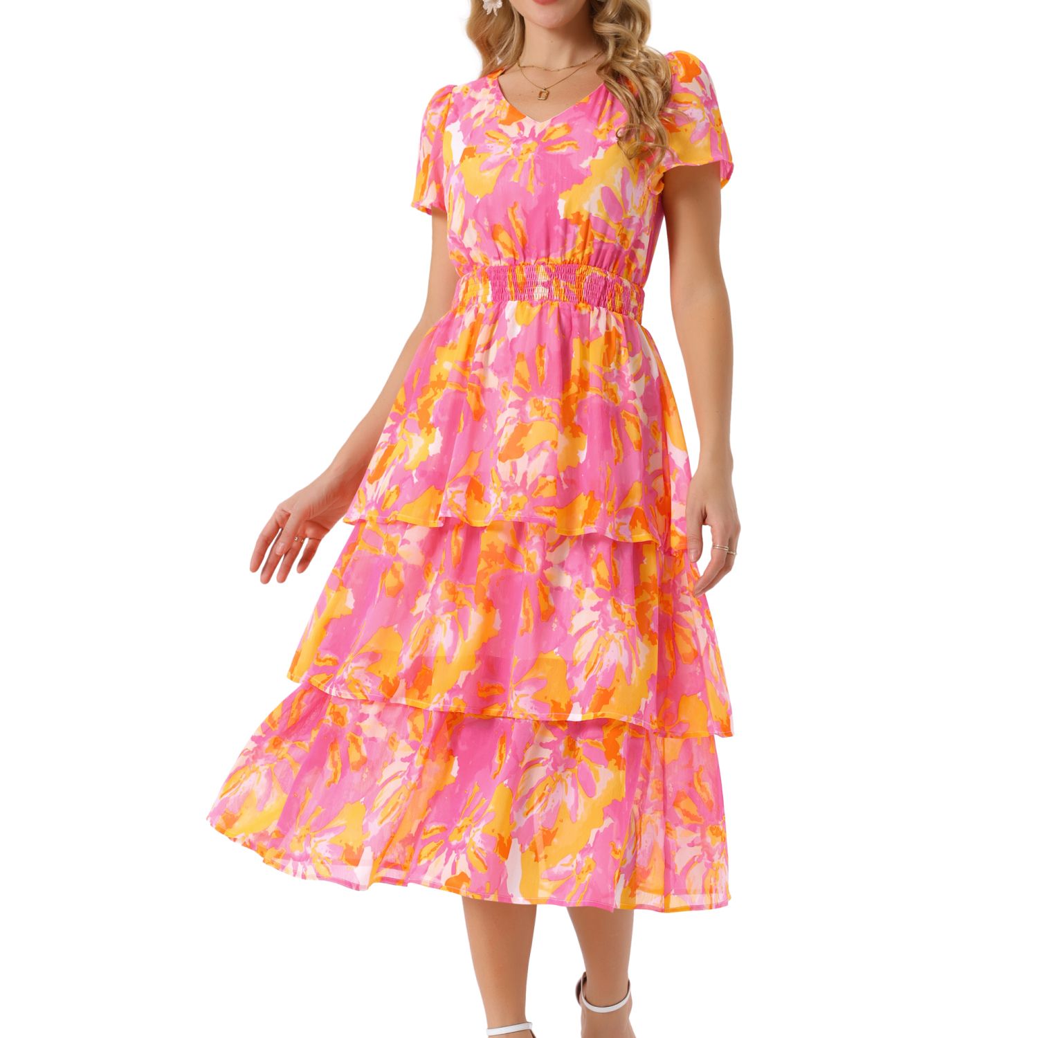 Женские платья Floral Dress V Neck Short Sleeve Ruffle Tiered Layered Swing Summer Midi Dresses