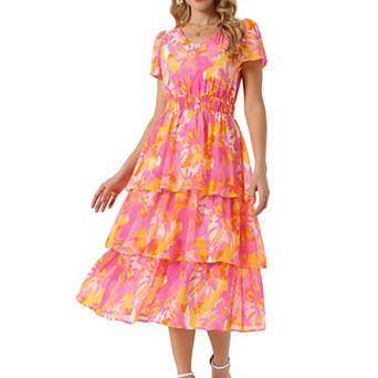 Women's Floral Dress V Neck Short Sleeve Ruffle Tiered Layered Swing Summer Midi Dresses