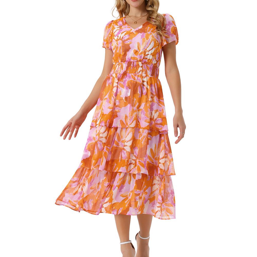 Summer Womens Floal Dress Sweet Elegant Floral Ruffles V-Neck Bandage main image 1