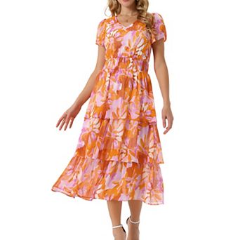 Women's Floral Dress V Neck Short Sleeve Ruffle Tiered Layered Swing Summer Midi Dresses