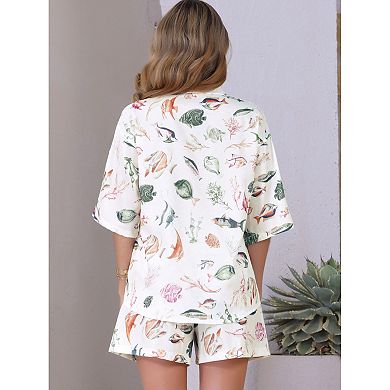 Women's Summer 2 Piece Beach Outfits Printed Button Down Shirt and Shorts Casual Vacation Sets