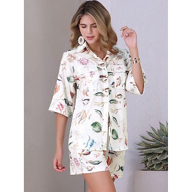 Women's Summer 2 Piece Beach Outfits Printed Button Down Shirt and Shorts Casual Vacation Sets