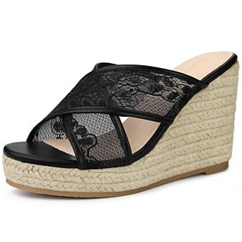 Women's Lace Straps Espadrille Platform Slide Wedge Sandals