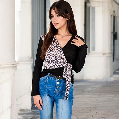 Women's Knit Top with Leopard Print Wrap and Tie Detail