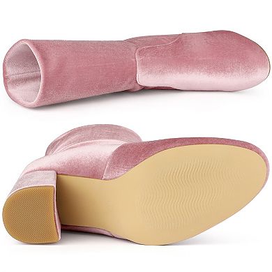 Women's Velvet Round Toe Block Heels Foldable Mid Calf Boots