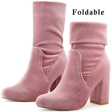 Women's Velvet Round Toe Block Heels Foldable Mid Calf Boots