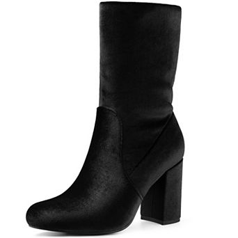 Women's Velvet Round Toe Block Heels Foldable Mid Calf Boots