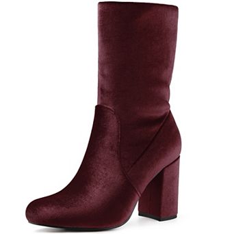 Women's Velvet Round Toe Block Heels Foldable Mid Calf Boots