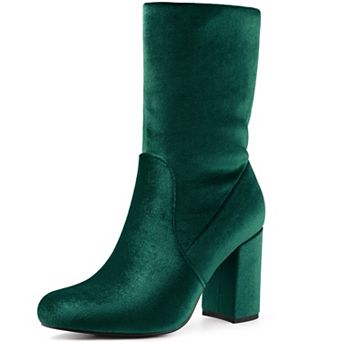 Women's Velvet Round Toe Block Heels Foldable Mid Calf Boots