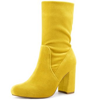 Women's Velvet Round Toe Block Heels Foldable Mid Calf Boots