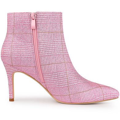 Women's Plaid Pointed Toe Side Zip Stiletto Heel Ankle Boots