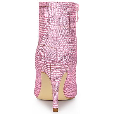 Women's Plaid Pointed Toe Side Zip Stiletto Heel Ankle Boots