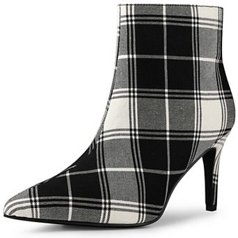 Women's Plaid Pointed Toe Side Zip Stiletto Heel Ankle Boots