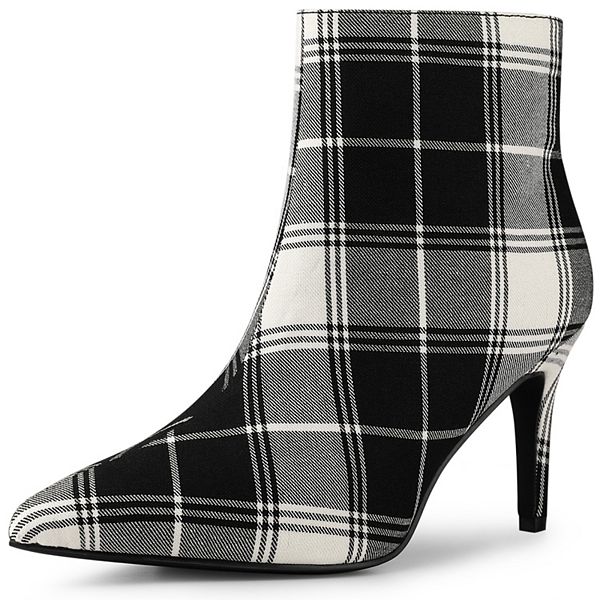 Women's Plaid Pointed Toe Side Zip Stiletto Heel Ankle Boots