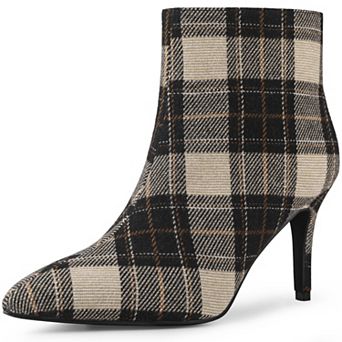 Women's Plaid Pointed Toe Side Zip Stiletto Heel Ankle Boots
