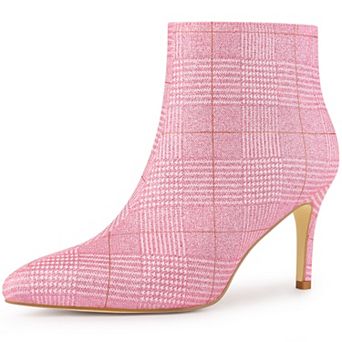 Women's Plaid Pointed Toe Side Zip Stiletto Heel Ankle Boots