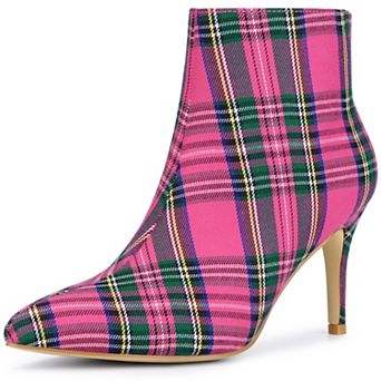 Women's Plaid Pointed Toe Side Zip Stiletto Heel Ankle Boots