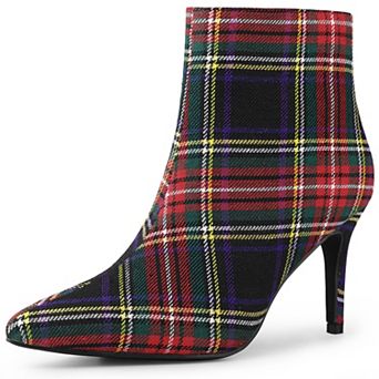 Women's Plaid Pointed Toe Side Zip Stiletto Heel Ankle Boots