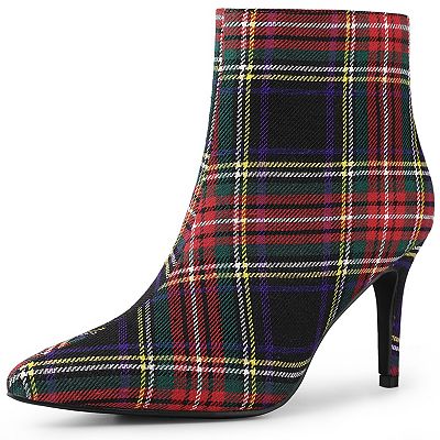 Women's Plaid Pointed Toe Side Zip Stiletto Heel Ankle Boots