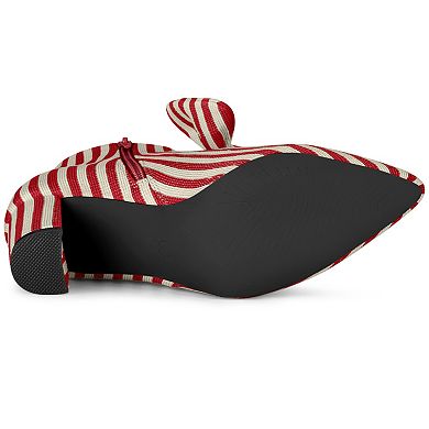 Women's Pointed Toe Bow Striped Chunky Heels Ankle Boots