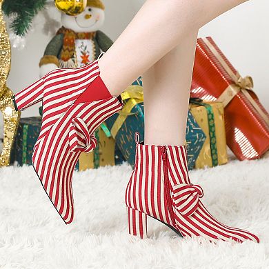 Women's Pointed Toe Bow Striped Chunky Heels Ankle Boots