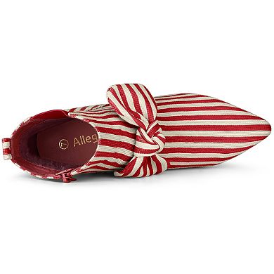 Women's Pointed Toe Bow Striped Chunky Heels Ankle Boots