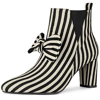 Women's Pointed Toe Bow Striped Chunky Heels Ankle Boots