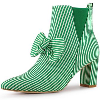 Women's Pointed Toe Bow Striped Chunky Heels Ankle Boots