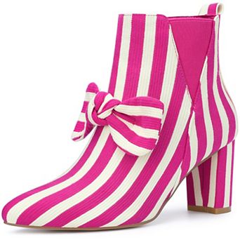 Women's Pointed Toe Bow Striped Chunky Heels Ankle Boots