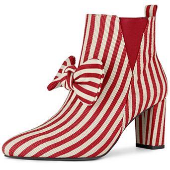 Women's Pointed Toe Bow Striped Chunky Heels Ankle Boots