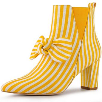 Women's Pointed Toe Bow Striped Chunky Heels Ankle Boots