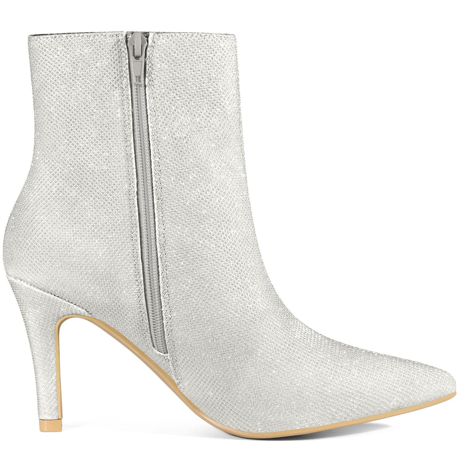 Aueoeo Womens Low Block Heel Glitter Ankle Boots Sequin Low Heeled Fashion Boots Sparkly Glitter Block Heel Booties Silver
