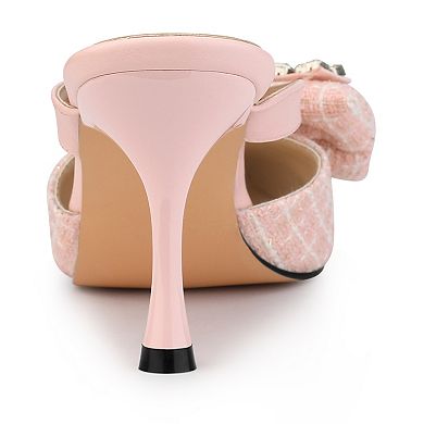 Women's Pointed Toe Tweed Rhinestone Bow Stiletto Heels Mules