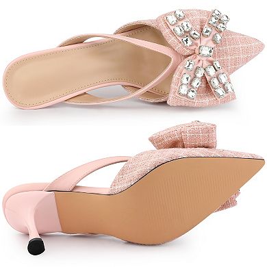 Women's Pointed Toe Tweed Rhinestone Bow Stiletto Heels Mules