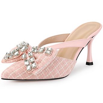 Women's Pointed Toe Tweed Rhinestone Bow Stiletto Heels Mules