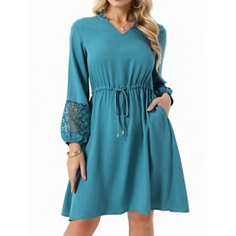 Women's Long Sleeve Dresses Ruffle V Neck Drawstring Waist Knee Length Flowy Boho Beach Dress