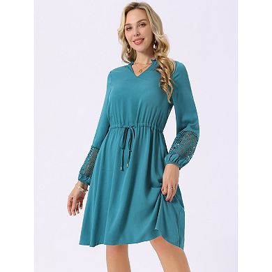 Women's Long Sleeve Dresses Ruffle V Neck Drawstring Waist Knee Length Flowy Boho Beach Dress