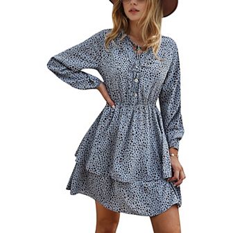 Women's Tiered Long Sleeve Button-Front Dress with Ruffle Details