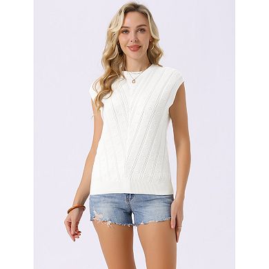 Women's Cap Sleeve Tops Summer Crew Neck Shirt Lightweight Crochet Knit Sweater
