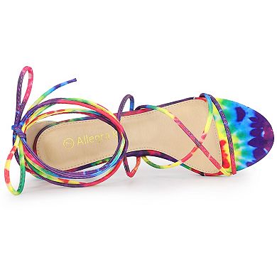 Women's Strappy Tie Dye Heels Lace Up Kitten Heel Sandals