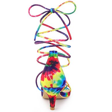 Women's Strappy Tie Dye Heels Lace Up Kitten Heel Sandals