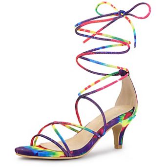 Women's Strappy Tie Dye Heels Lace Up Kitten Heel Sandals