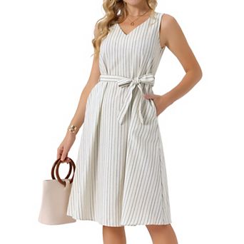 Women's Sleeveless Linen Dresses V Neck Tie Waist A Line Summer Dress with Pockets