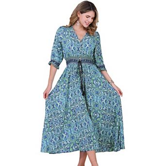 Women's Boho Maxi Dress Summer Beach Smocked 3/4 Sleeves Long Floral Dresses